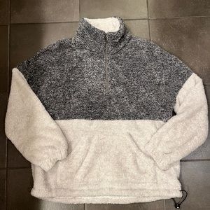 Gray and white fuzzy quarter zip